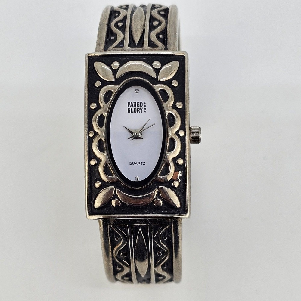 Faded Glory Women's Cuff Watch 20MM White Dial Black Gray Band 5" New Battery
